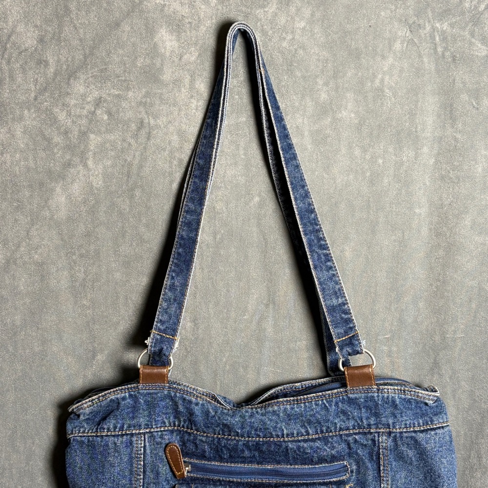 Vtg Denim Jean Shoulder Bag Purse Penny Lane 70s Style Cargo Medium Wash Blue - Picture 5 of 12